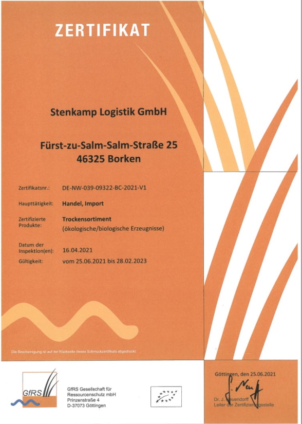 BIO-Zertifikatb Stenkamp Logistik GmbH
